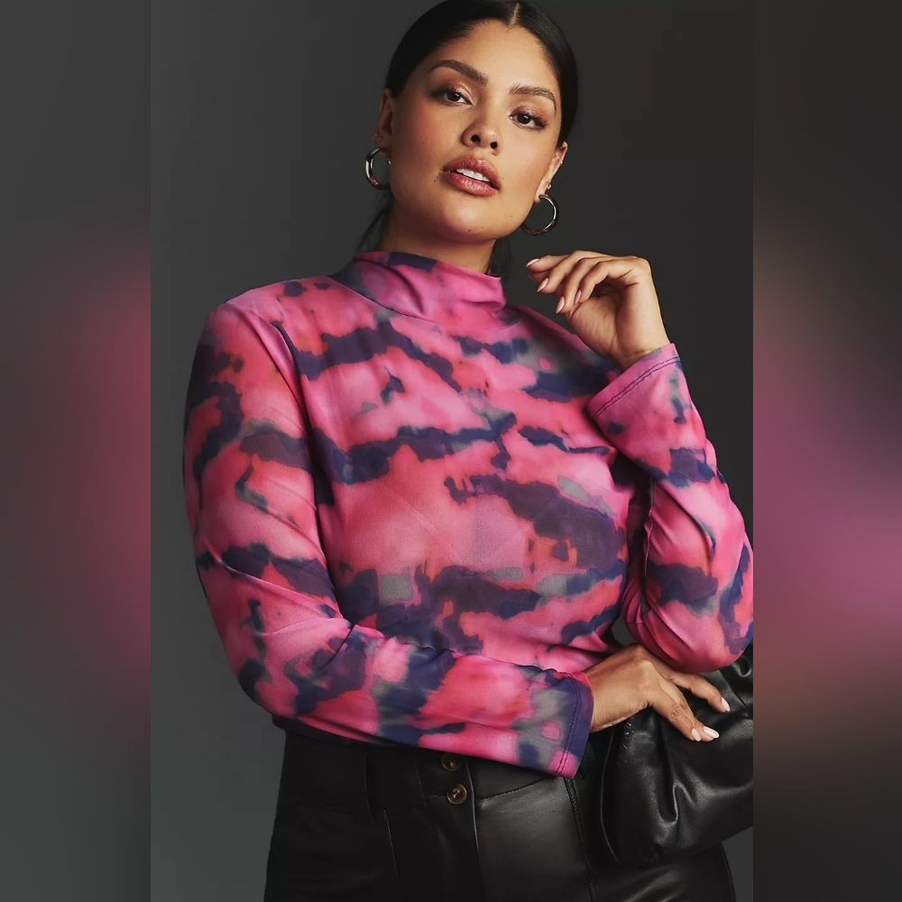 NWT Anthropologie Mesh Turtleneck Mockneck Top Long Sleeve Pink and Purple - Picture 2 of 16